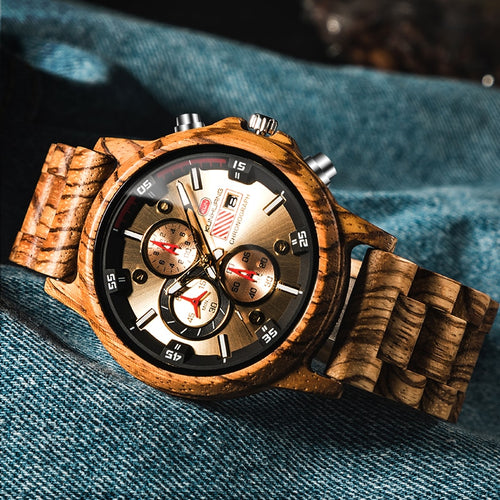 Fashion Wooden Men Watch Natural Zebra Wood Wristwatch with Date and Multiple Time Zone reloj hombre Men's Gift Watches W-K01