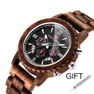 Fashion Wooden Men Watch Natural Zebra Wood Wristwatch with Date and Multiple Time Zone reloj hombre Men's Gift Watches W-K01