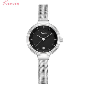 KIMIO Women's Stainless Steel Mesh Strap Dress Watches Woman Ladies Simple Bracelet Wrist Watch Clock Calendar Display With Box